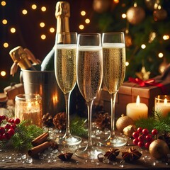 an image of three glasses of champagne on a wooden table