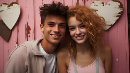 Couple celebrating Valentine’s Day - - pink outfits -heart background  stylish fashion - romance - romantic 