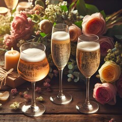 an image of three glasses of champagne on a wooden table