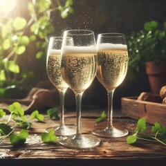 Elegant Toast: Three Glasses of Champagne on a Wooden Table