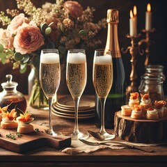 an image of three glasses of champagne on a wooden table