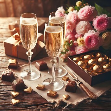 an image of three glasses of champagne on a wooden table