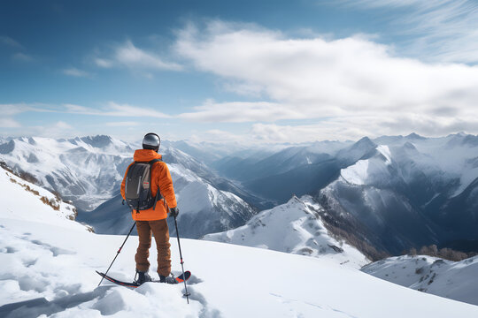 skier on top of a mountain, skier on mountain, skie, winter sport, alps,  himalaya, wintersports
