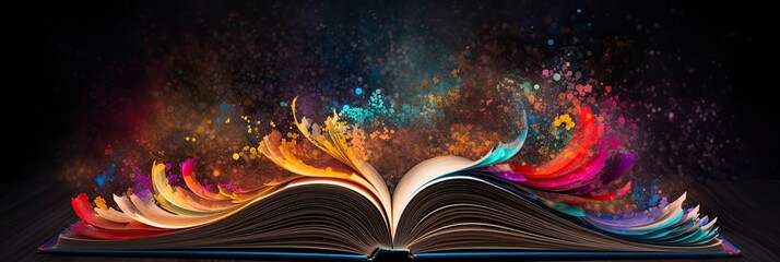 A magical book with open vintage pages and abstracts glowing against a dark background, Concept of...