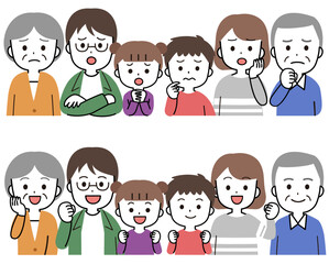 笑顔、困り顔の三世代家族・ファミリーの上半身イラスト