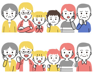 笑顔、困り顔の三世代家族・ファミリーの上半身イラスト