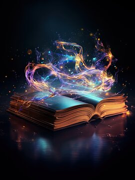 A magical book with open vintage pages and abstracts glowing against a dark background, Concept of Literature and Education. Generative AI