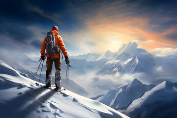 skier on top of a mountain, skier on mountain, skie, winter sport, alps,  himalaya, wintersports - obrazy, fototapety, plakaty