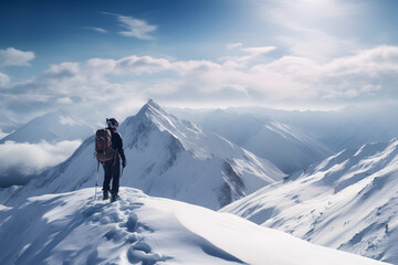 Fototapeta na wymiar skier on top of a mountain, skier on mountain, skie, winter sport, alps, himalaya, wintersports