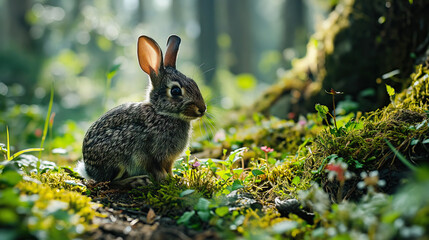 Fototapeta premium Adorable Little Rabbit in a Forest with Backlight