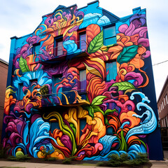 A vibrant street art mural on the side of a building.