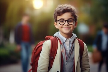 Fototapeta premium A joyful little boy smiles at the camera. A student with a backpack goes to school.