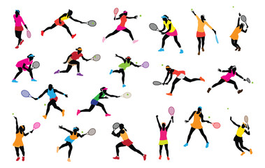 Fototapeta na wymiar Set Tennis Character Women Vector Logo, Tennis player icons set. Tennis player vector.