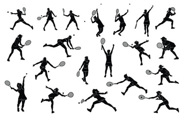 Set Tennis player women silhouette sports person design element. The athlete playing tennis with racket and ball. Drawing art illustration of female tennis player. Tennis player vector.