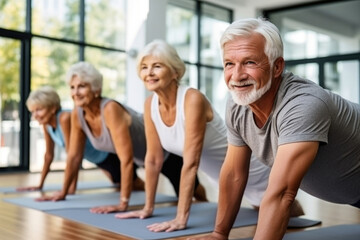 Obraz premium Elderly people do stretching in the gym.