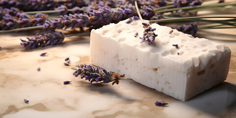 Handcrafted lavender soap bars on rustic white wood backdrop, A flat arrangement on a white background featuring handmade soap bars and accompanying ingredients. 