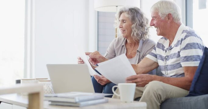 Senior couple, budget and documents for finance, asset management or pension investment plan. Happy man, woman and reading paperwork of banking report, bills or insurance policy of retirement savings