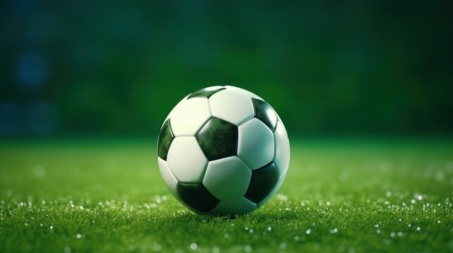 Ball on green grass in soccer stadium, Football banner illustration. Soccer field