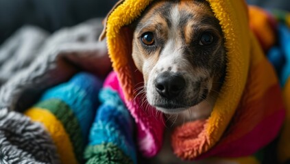 Cozy Canine Wrapped in Colourful Blanket.
Dog snuggled in vibrant throw.