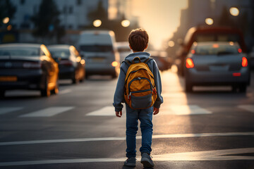 Schoolboy with a backpack crosses a dangerous section of the road at an unregulated pedestrian crossing, going to school. Attention on the road, violation of traffic rules - obrazy, fototapety, plakaty
