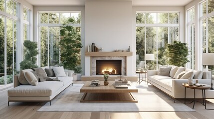 Beautiful furnished living room interior with fireplace in new luxury home. Large bank of windows allows for plenty of natural light. Includes view of eating nook. - Powered by Adobe