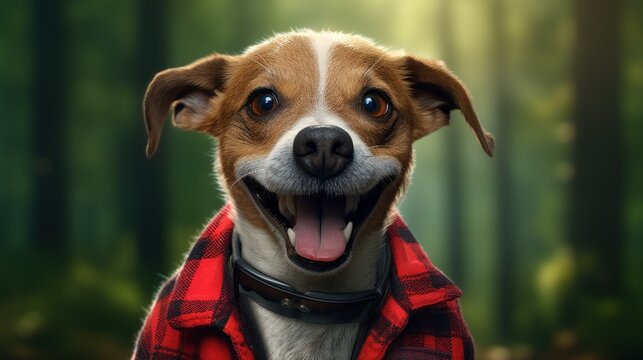 Dog wearing a red lumberjack shirt on green nature background