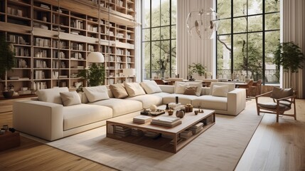 Beautiful large living room interior with hardwood floors, fluffy rug and designer furniture.