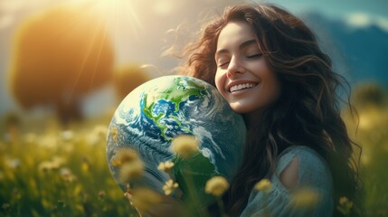 Happy Woman Hugging Planet Earth. Female Embracing Globe Earth for World Protection, Earth Day, World Environment Day, Save th World. Zero Carbon Dioxide Emissions
