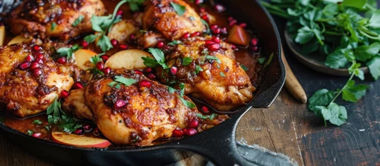 Foto op Plexiglas Chicken slices cooked in apple and pomegranate sauce, served in an iron pan. © 2rogan