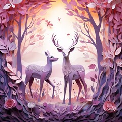 Cute paper cut out deer family in wood