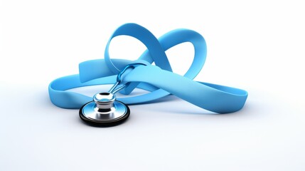Blue ribbon with stethoscope on white background, prostate cancer awareness month, world diabetes day isolated on white background,. Created using Generative AI Technology