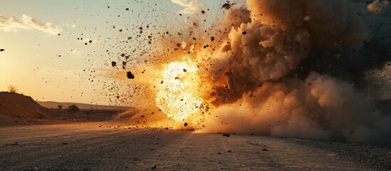 Remote-controlled robot (robot-sapper) causing explosion captured in close-up photo. - obrazy, fototapety, plakaty