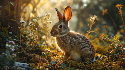 Obraz premium Adventurous Little Rabbit Exploring a Sunlit Forest