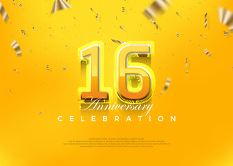 Premium 16th anniversary celebration design, with modern yellow 3d numbers. Premium vector background for greeting and celebration.