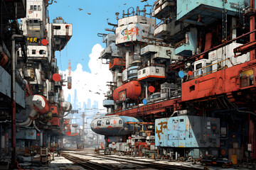 Naklejka premium Anime city, anime city vibe, city, drawn city, big huge city