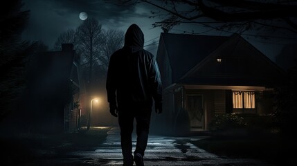 A suspicious silhouette of a man person with a hoodie in the night at a house building.