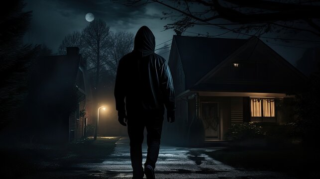 A suspicious silhouette of a man person with a hoodie in the night at a house building.