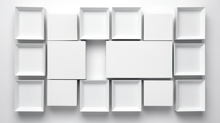 3d arrange light gray squares with soft shadows on a white background.