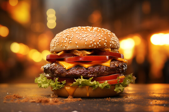 Hambuger with blurred city background