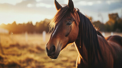 Obraz premium A close-up portrait of a regal horse standing in a serene field, capturing the elegance and intelligence in its eyes