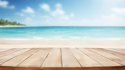 Fototapeta premium Serene beach backdrop for product display, featuring clear blue skies, calm waters, and smooth wooden platform foreground. AI Generative