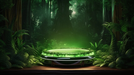 Product display stand in a mystical forest setting, perfect for showcasing organic and natural products in a magical, green-themed environment. AI Generative