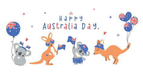 Australia Day banner, Group of animal baby kangaroos and koalas cartoon animal with balloons and flag