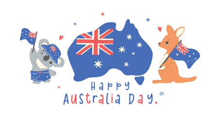 Australia Day banner, Adorable animal baby kangaroo and koala cartoon animal with map and flag © Natsicha