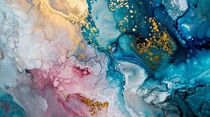 Foto op Canvas 透明の色合いの流れ、蛇行する金属の渦巻き、色の泡状のスプレーが、これら自由に流れるテクスチャーの風景GenerativeAI © enopi