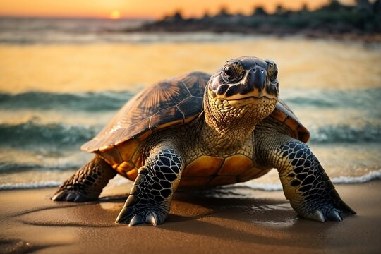 A majestic turtle basks in the warm glow of the setting sun in beach,special for world turtle day 
