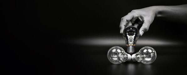 Close up hand choose light bulb or lamp for human resources or leadership and creativity thinking...