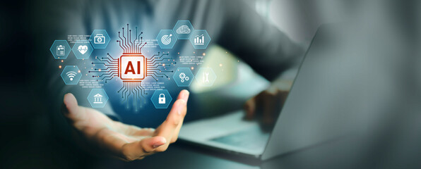 Hand and AI Artificial Intelligence technology digital icon for business industry analysis learning and communication system or automation robotic programming and futuristic concepts.