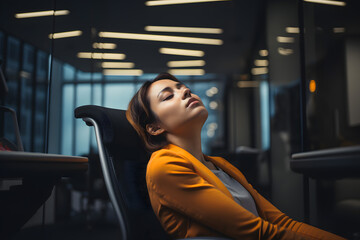 Fototapeta na wymiar Businesswoman sitting sleep dozing and working hard at with front of computer and lots of documents on the table in workplace at late with serious action, Work hard and too late concept