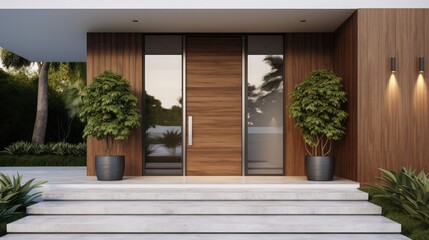 Fototapeta na wymiar Front door entrance to modern house with hardwood floors